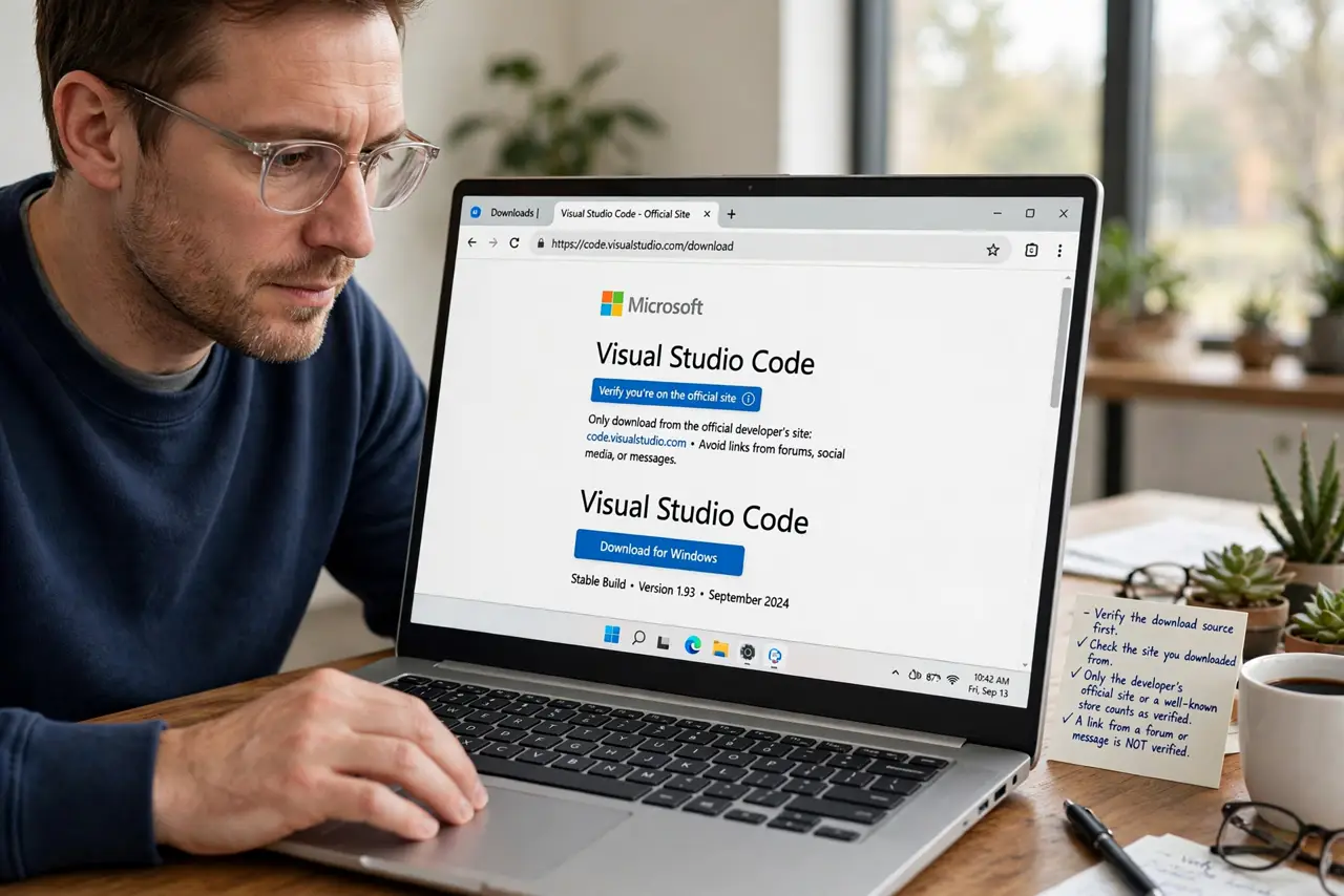 A person performing step 1 of the guide: Verify the download source first. Check the site you downloaded from. Only the developer's official site or a well-known store counts as ...