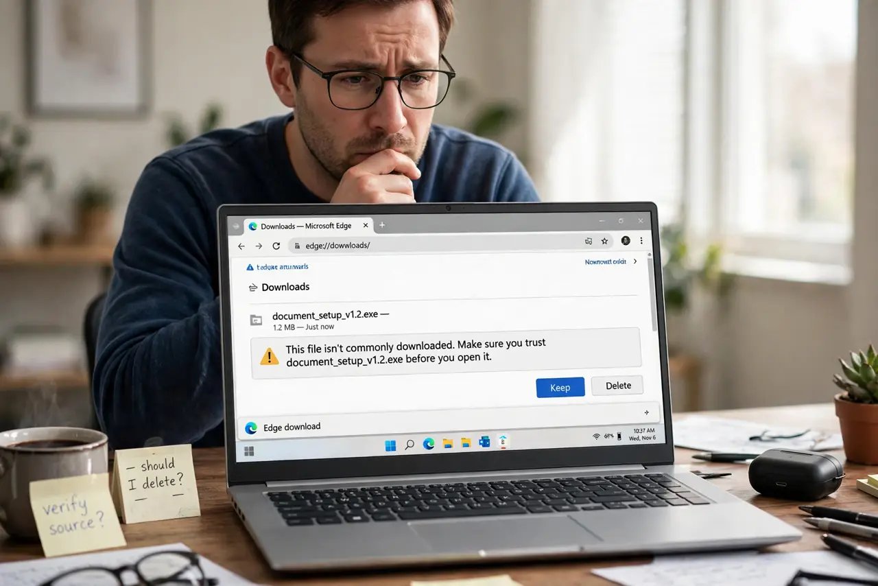 a real person at a desk looking at a browser download bar on a Windows PC, the not commonly downloaded warning fully legible on the real monitor, the person hesitating thoughtfully.