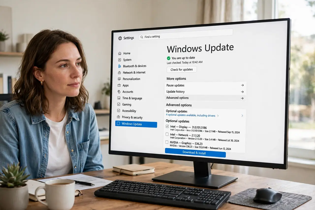 A person performing the first step: Know where driver updates appear. Open Windows Update > Advanced options > Optional.