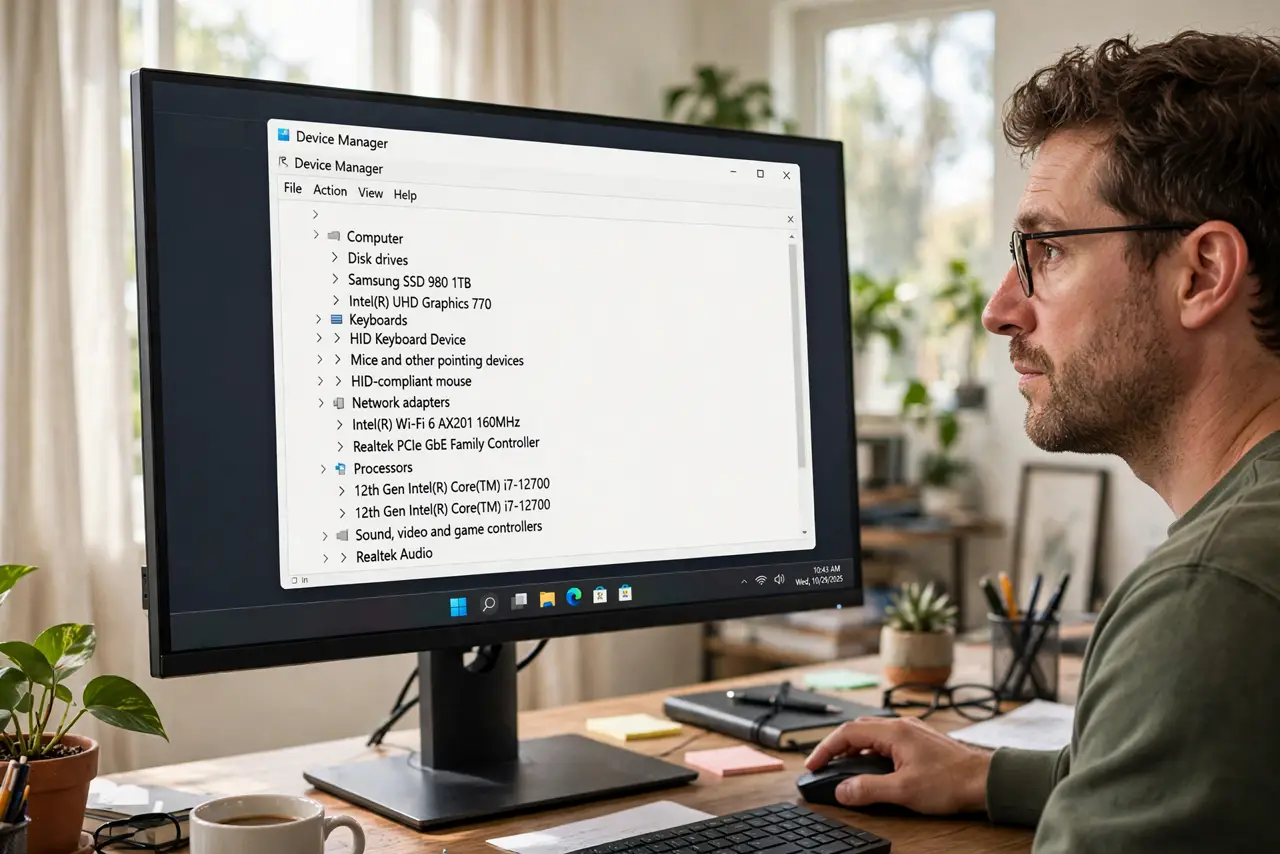 A person at a real Windows desktop PC with Device Manager open showing a legible device list on screen, the person's