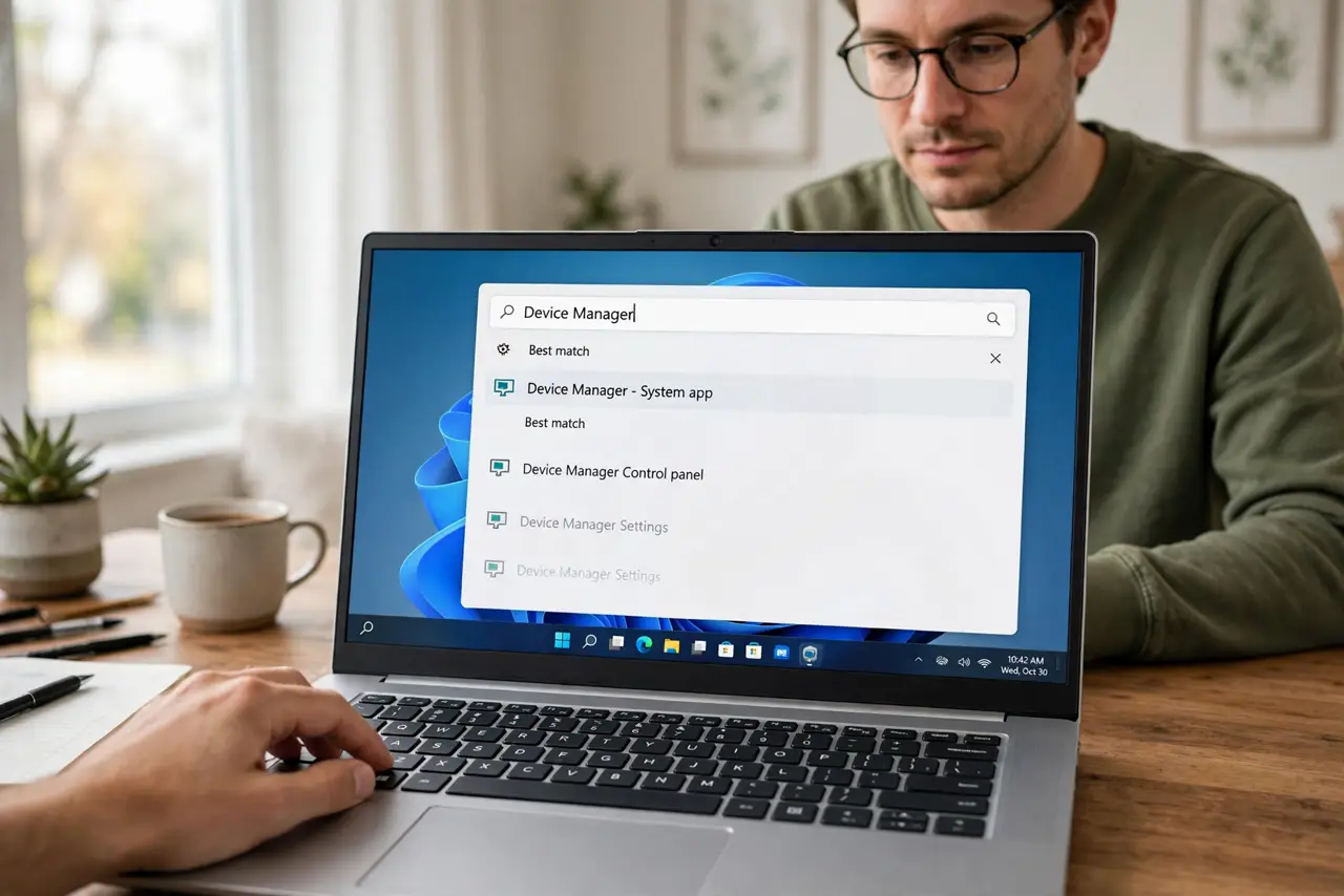 Photoreal photo of a person performing the first step: Open Device Manager. Press the Windows key, type Device Manager, and open it. Find the misbe...