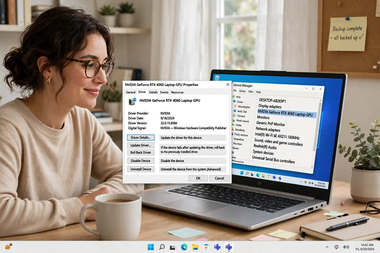 Photoreal photo: a person at a real Windows PC showing Device Manager with a legible device properties window open on the Driver tab, the person's face relieved, home office. No black screen, no blank white screen,...