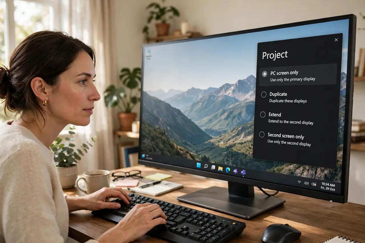 A person performing the first step: Open the Project panel. Press Win+P. The sidebar offers PC screen only, Duplicate.