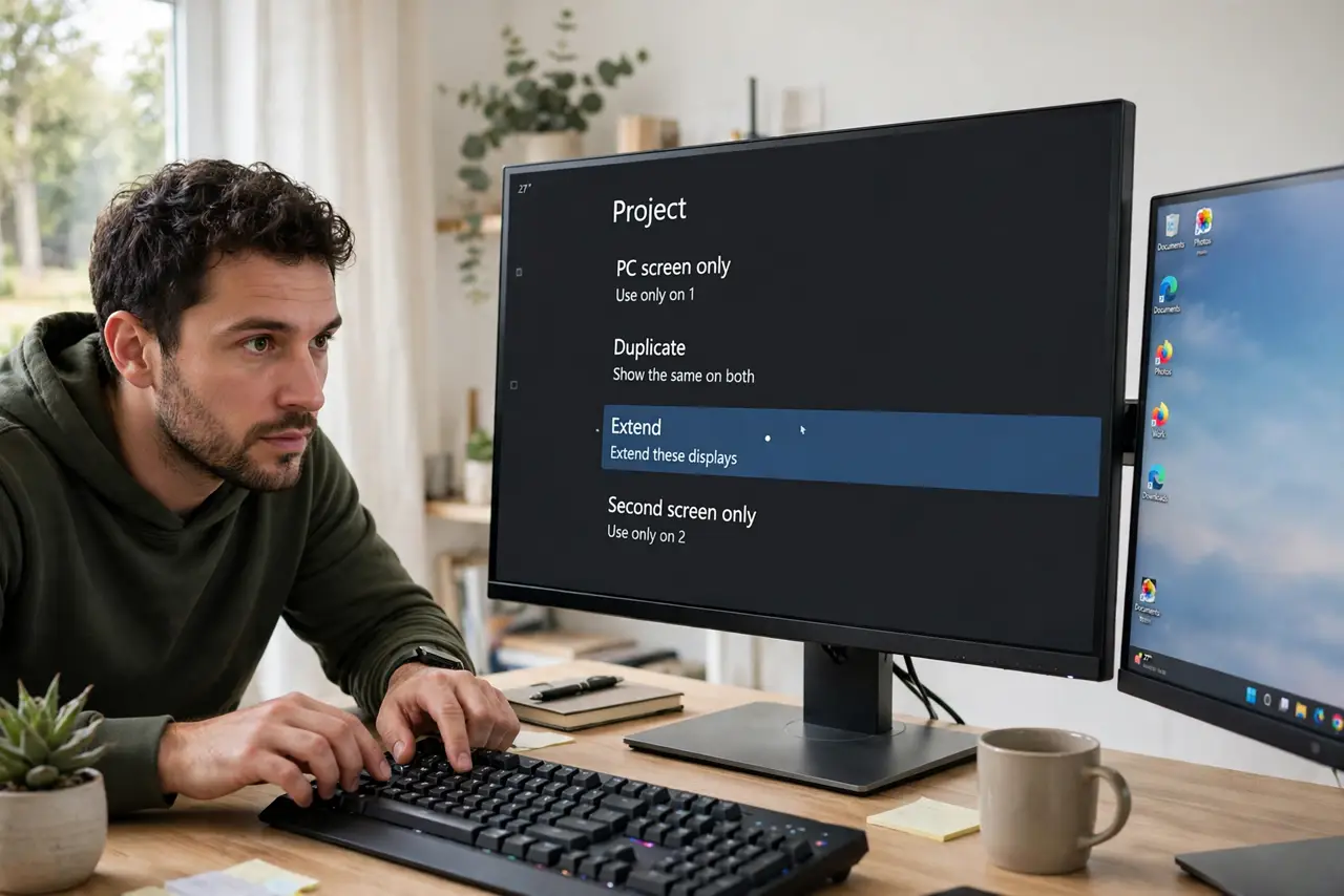 A person pressing Win+P on a real keyboard while the Project panel with Duplicate and Extend options shows legibly on a