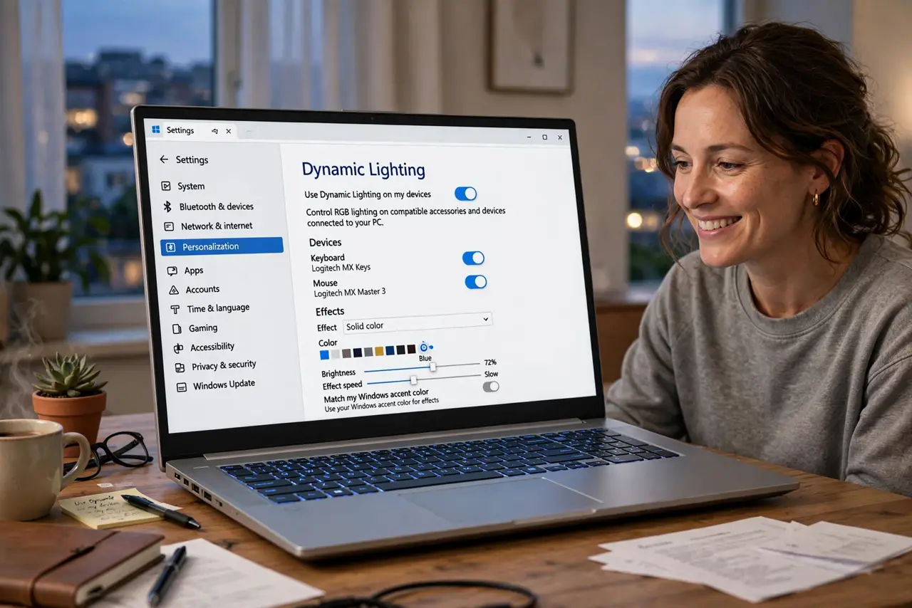 a person at a real desk with a Windows PC glowing in a single calm blue color, the screen showing the Dynamic Lighting settings page legible, the person's face pleased, evening.