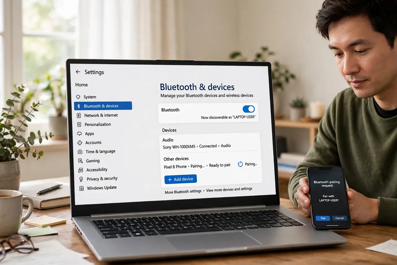 Photoreal photo of a person performing the first step: Pair your phone via Bluetooth. Go to Settings > Bluetooth & devices and pair your phone with...
