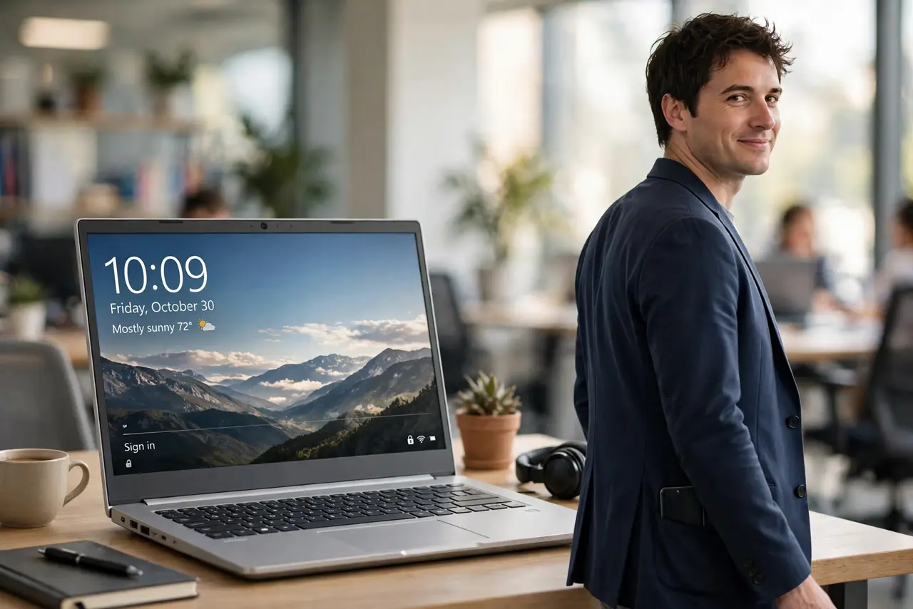 Photoreal photo: a person walking away from a real desk with a Windows PC showing the lock screen, phone in the person's pocket, office background slightly blurred, the person's face relaxed. No black screen, no bl...