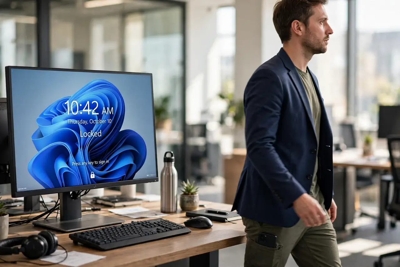 A person walking away from a real Windows PC on a desk with a phone in their pocket, the PC screen showing the lock screen, an office, the person's back to the camera.