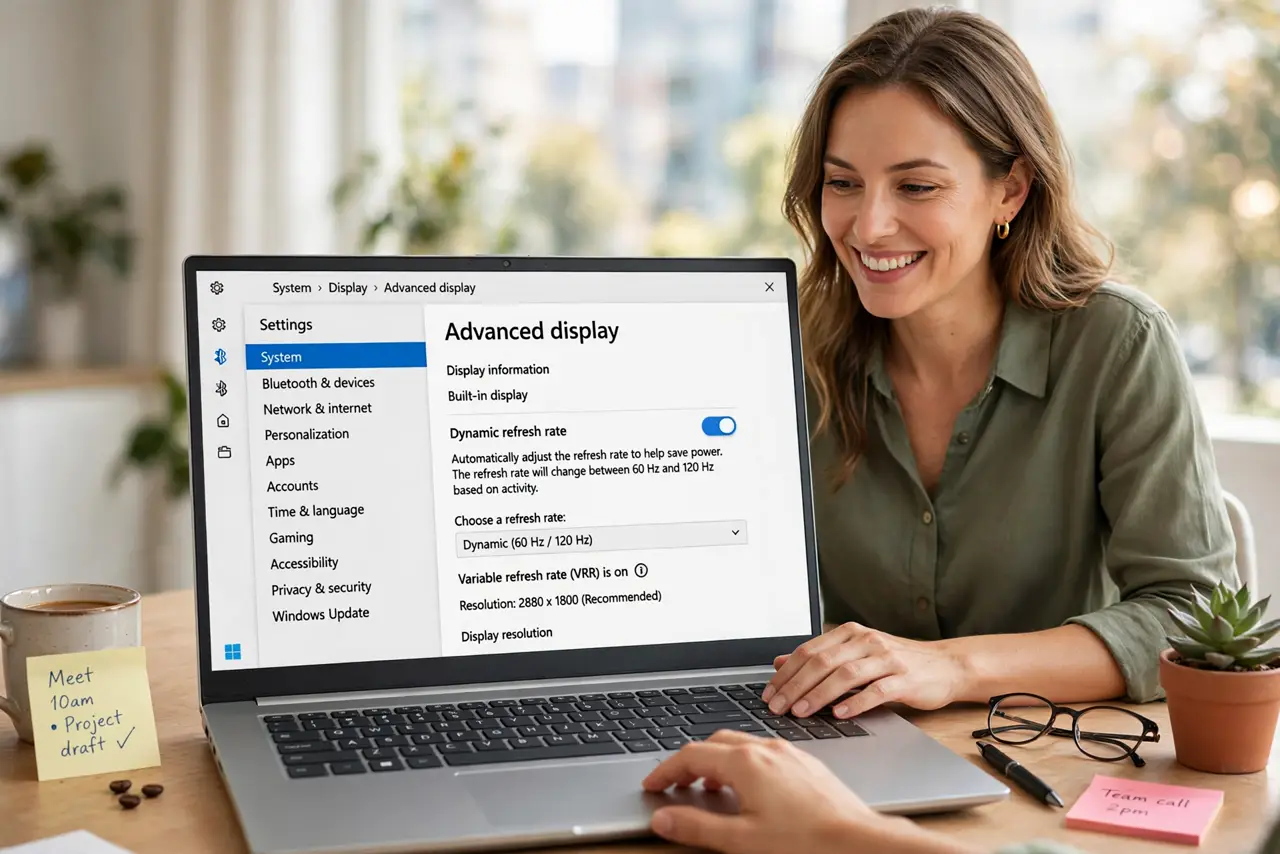 a person using a real Windows laptop, the display settings open showing the dynamic refresh rate option, the person's face pleased, bright desk. No black screen, no blank white scr.