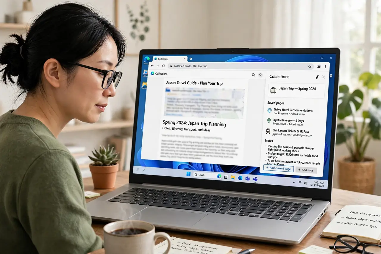 a person using a real Windows PC with Edge Collections open in the sidebar, saved pages and notes neatly grouped under a trip name, the person's face organiz...