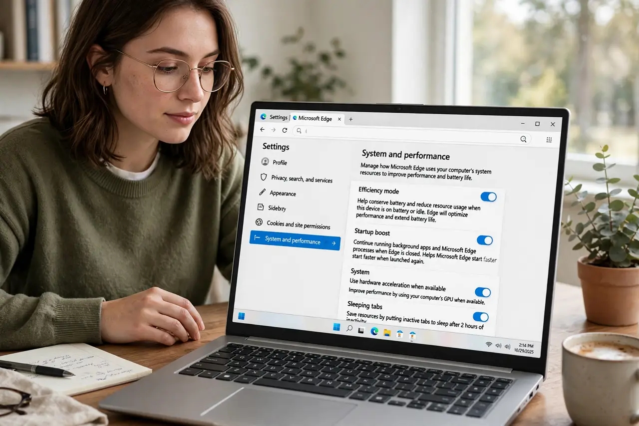 A person performing the guide's first step: Open System and performance. In Edge Settings, go to System and performance. Efficiency mode lives here alongside Startup Boost — the two…