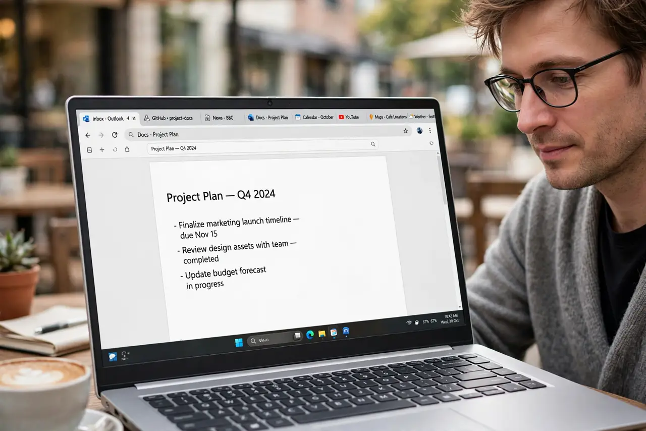 A person working on a real laptop at a cafe showing Edge with many tabs and a legible battery indicator, no charger in sight, the person's face relaxed, daylight.
