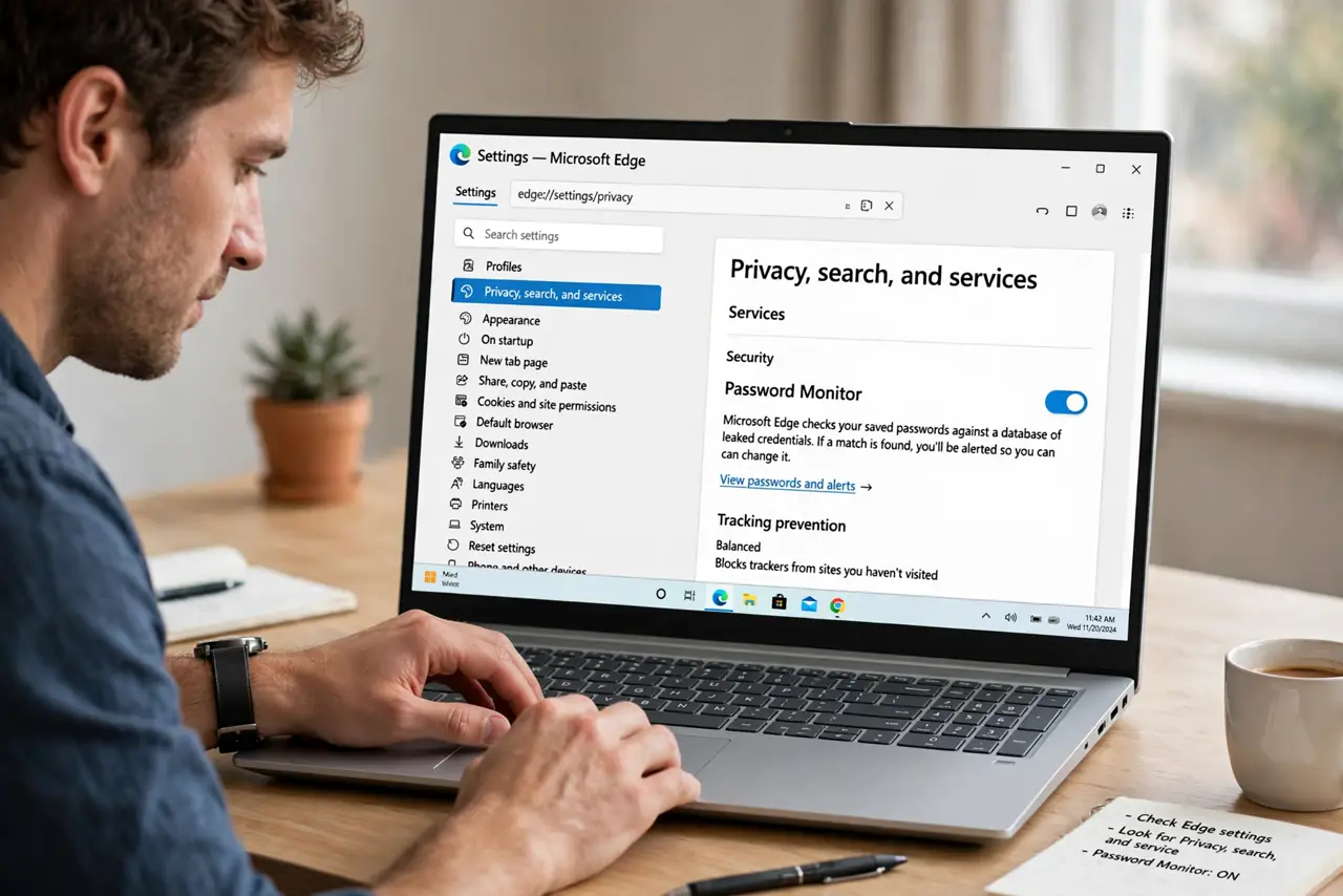 A person performing the guide's first step: Find Password Monitor. Open Edge Settings, go to Privacy, search, and services, and look for Password Monitor (sometimes under the Wallet…