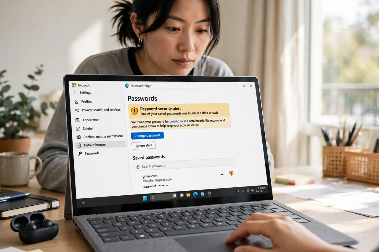 A person at a real laptop showing Edge settings with a legible password security alert, the person's face alert and taking action, home office.