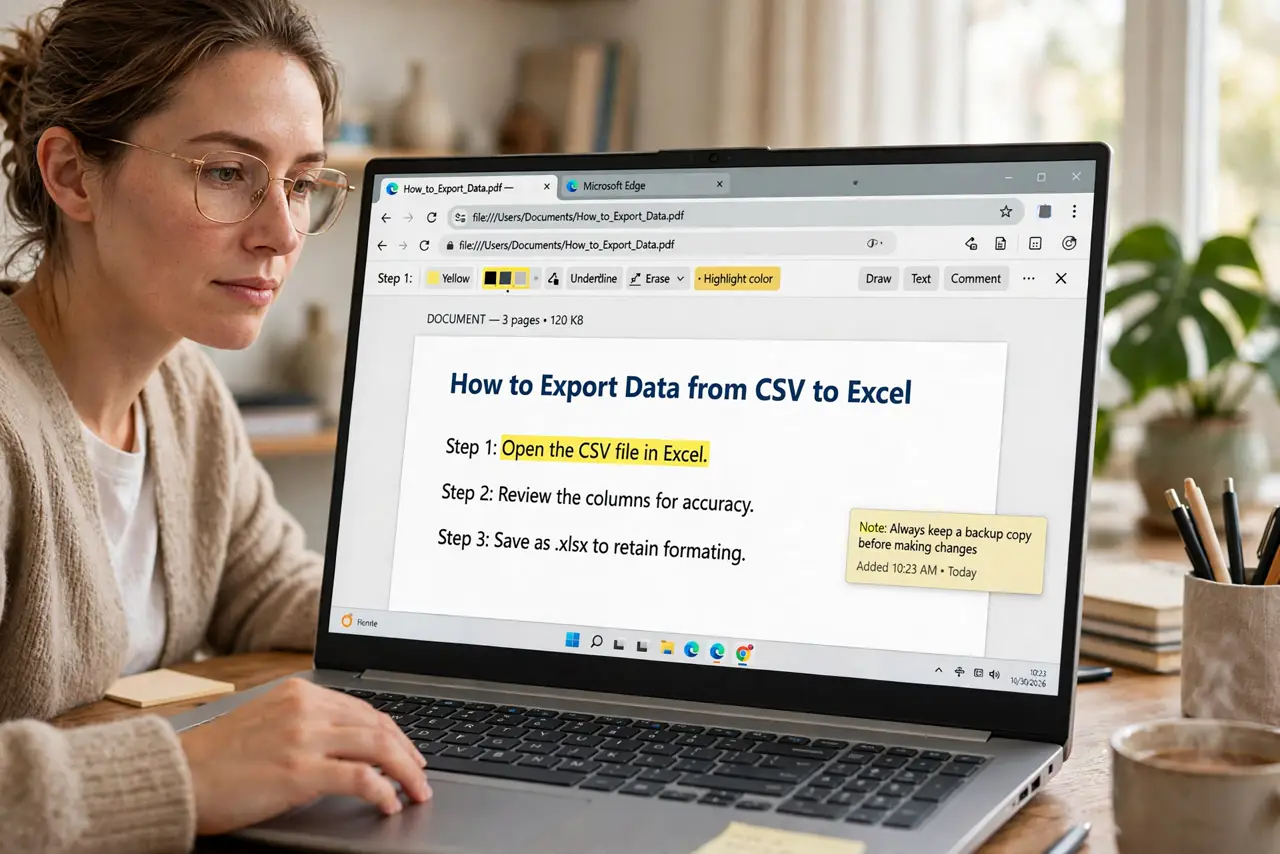 a person highlighting text in a real PDF open in Microsoft Edge on a Windows PC, the highlight toolbar visible and annotations legible, the person's face foc...