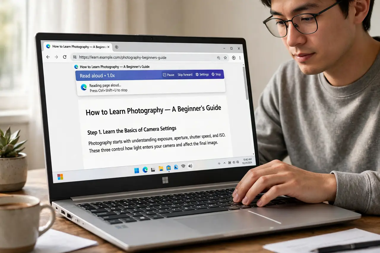 A person performing the guide's first step: Start it with the keyboard shortcut. Press Ctrl+Shift+U on any page and Edge begins reading immediately. This is the fastest way — one…