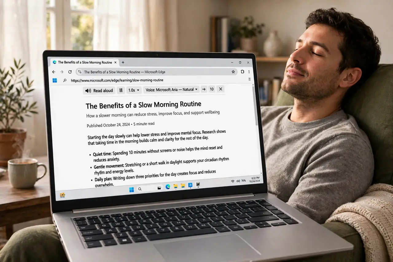 A person relaxing in an armchair with a real laptop showing an article with legible text and a small read-aloud toolbar, the person's face relaxed and listening, cozy evening room.