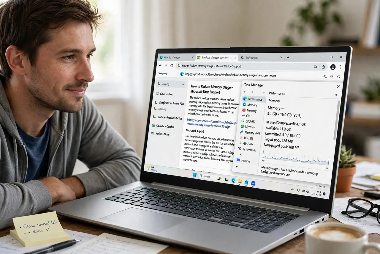 a person looking at a real Windows PC with Edge open showing many tabs, some with a faded sleeping indicator, Task Manager showing lower memory use, the pers...