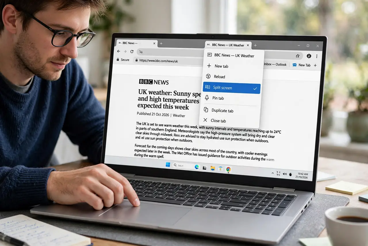 A person performing the guide's first step: Split from the tab menu. Right-click any tab and choose the split-screen option. The current page takes one side; pick the second page from…