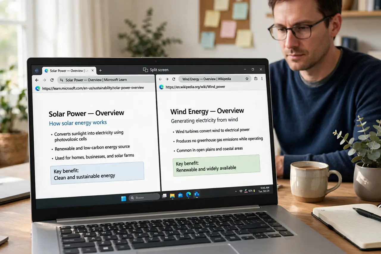 A person at a real laptop showing Edge in split-screen mode with two legible web pages side by side, the person's face focused on comparing, home office.