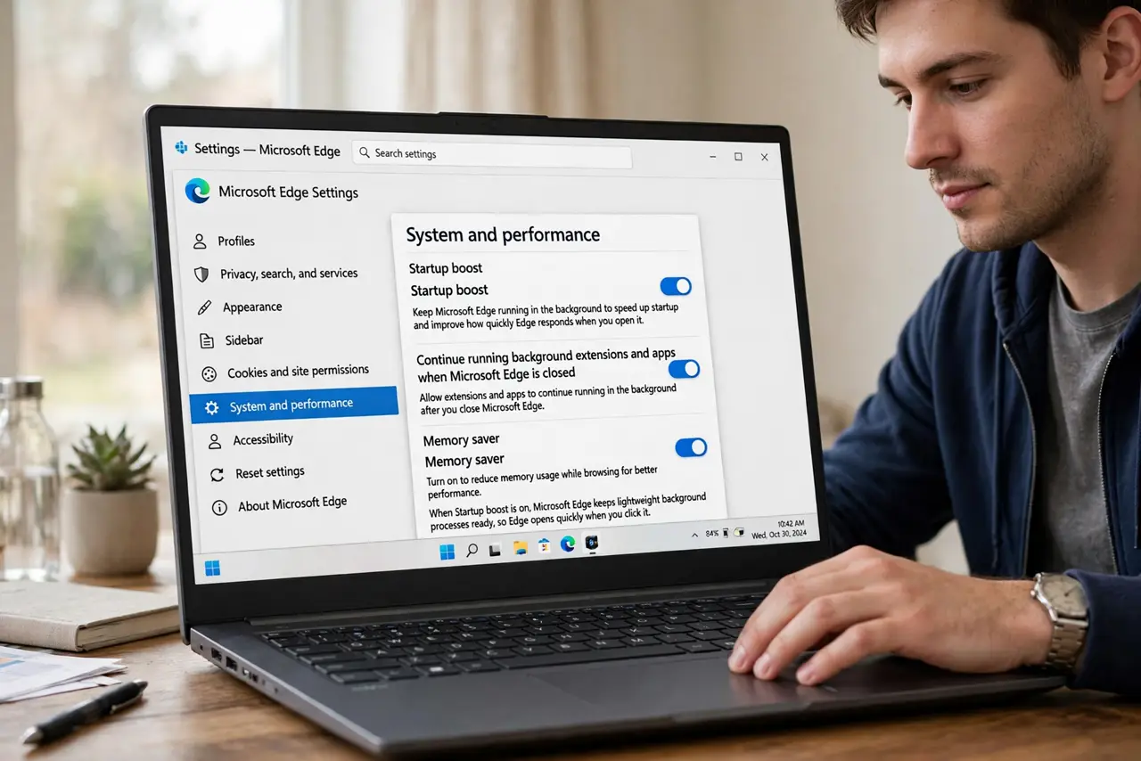 A person performing the guide's first step: Enable Startup Boost. Open Edge Settings, go to System and performance, and turn on Startup Boost. Edge then keeps lightweight background…