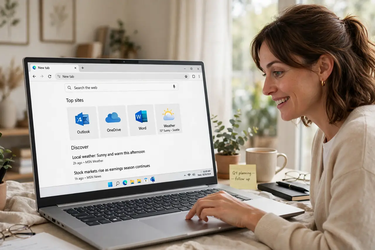 A person clicking a real laptop touchpad with Edge launching instantly showing a legible new tab page, the person's face pleasantly surprised, home office.