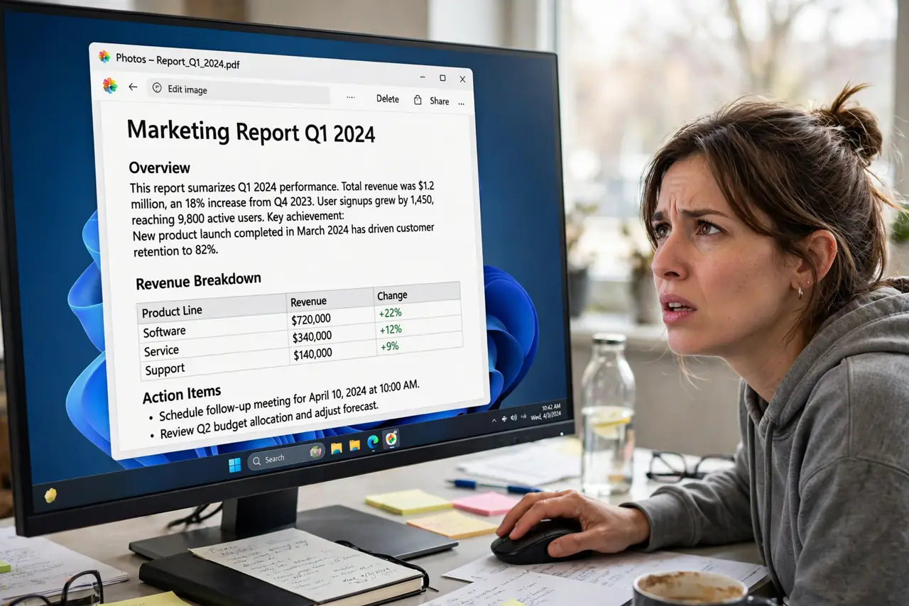 A person double-clicking a PDF on a real Windows PC monitor with the PDF opening in the wrong reader, the document fully legible, the person's face exasperated.