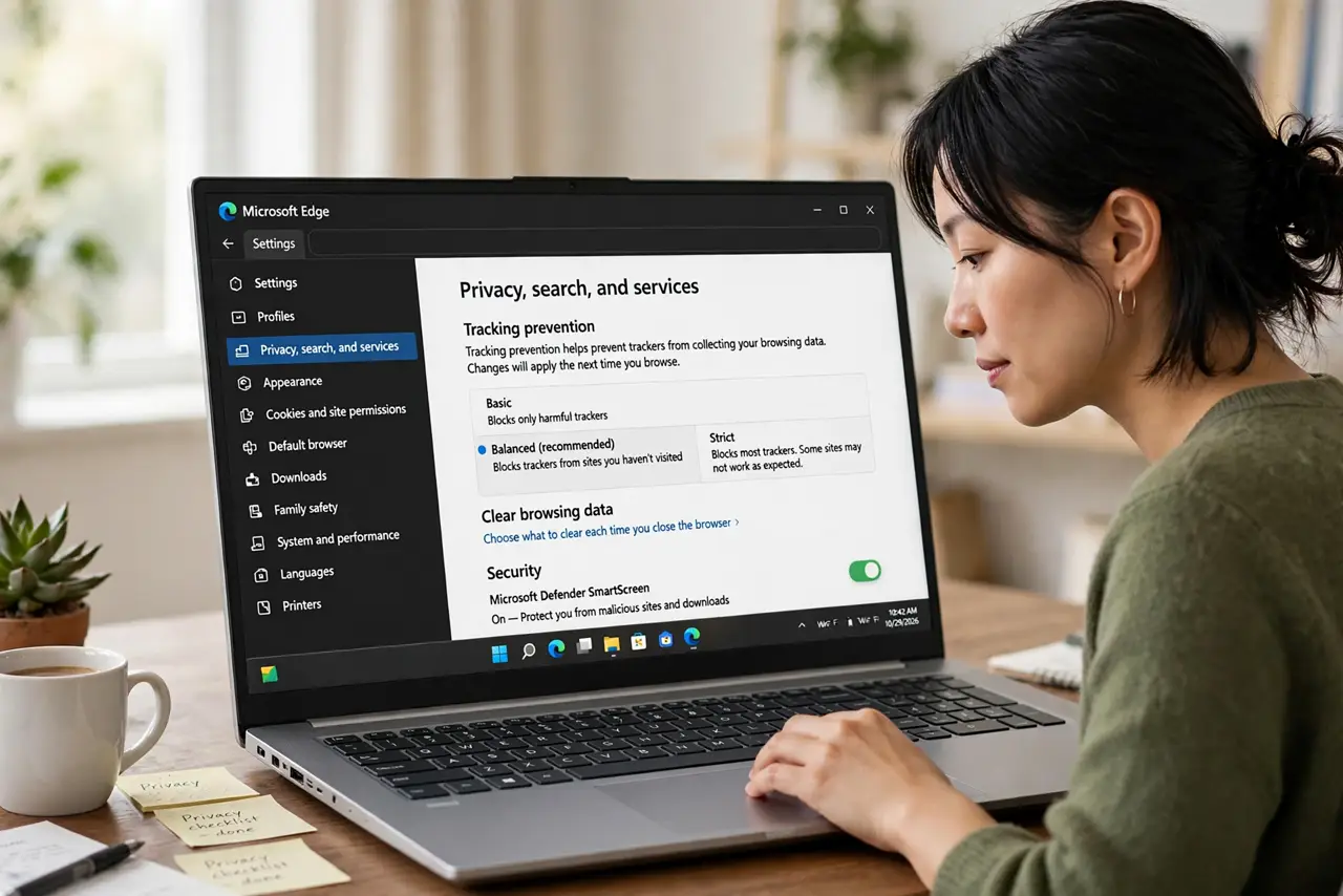 A person performing the guide's first step: Open Edge privacy settings. Click the three dots, go to Settings, then Privacy, search, and services. Tracking prevention sits near the top…