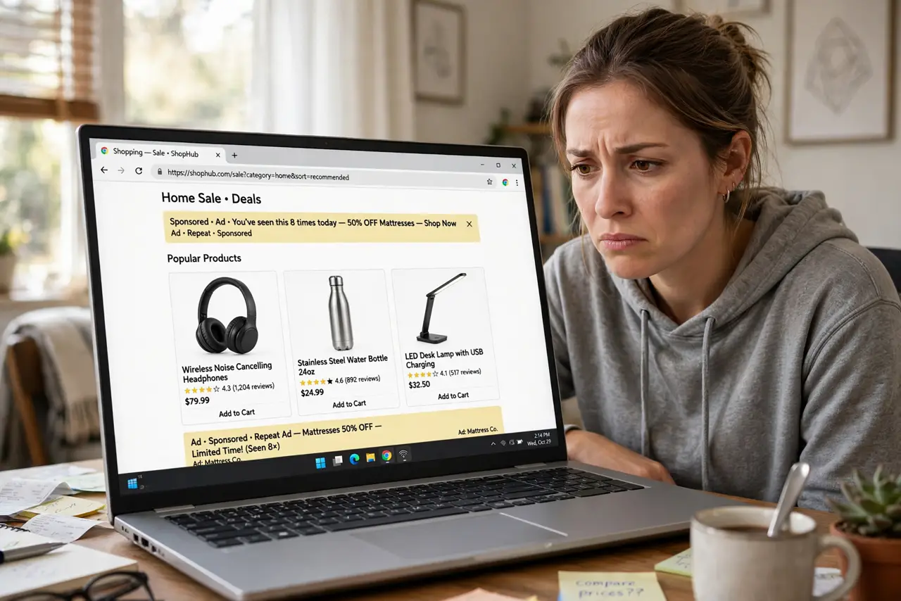 A person browsing on a real laptop showing a shopping website with legible product listings, the person's face annoyed at repetitive ads, home office.