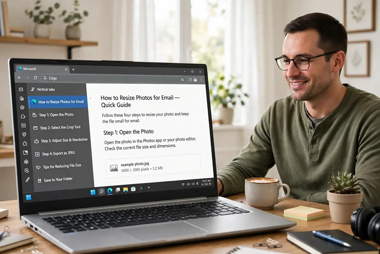 a person using a real Windows PC with Microsoft Edge showing vertical tabs in a left sidebar, each tab title legible, the person's face pleased, bright home ...