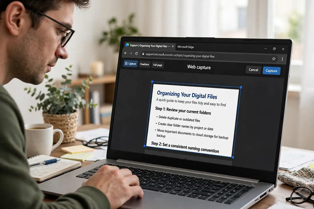 a person selecting a region of a real web page in Edge Web capture on a Windows PC, the selection highlighting a clean article section, the person's face foc...