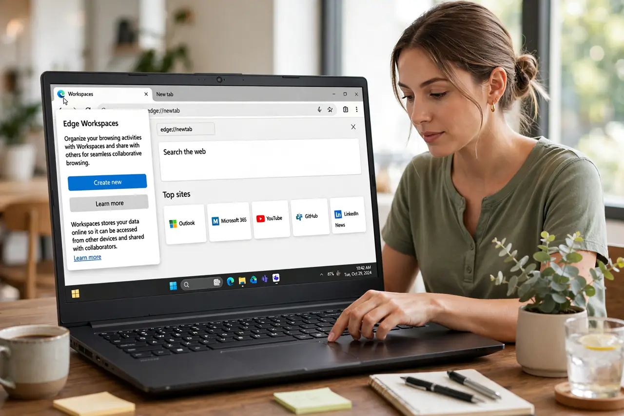 A person performing the guide's first step: Open the Workspaces menu. Click the Workspaces icon in the top-left of Edge (a small window-like icon). If you do not see it, enable it in…