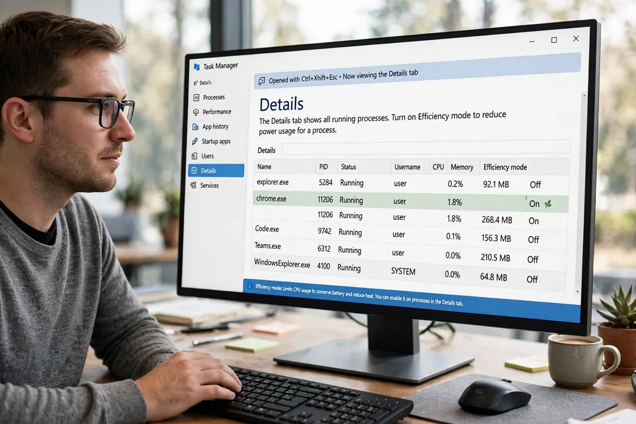 A person performing step 1: Open Task Manager. Press Ctrl+Shift+Esc. Head to the Details tab for the full process list — that is where Eff.