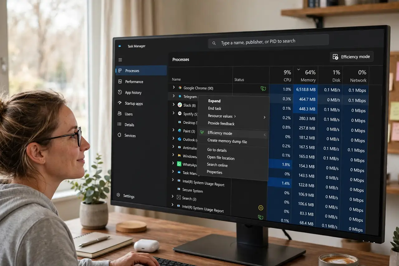 A person looking at a real Windows Task Manager on a monitor with Efficiency mode option legible, the person's face relieved, home office.