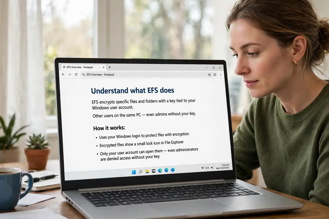 A person performing step 1: Understand what EFS does. EFS encrypts specific files and folders with a key tied to your Windows user account.
