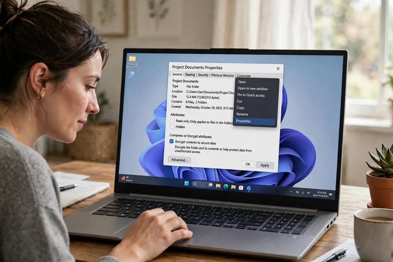 A person right-clicking a real folder on a Windows PC, the screen showing a legible properties dialog with encryption options, the person's face focused, home office.
