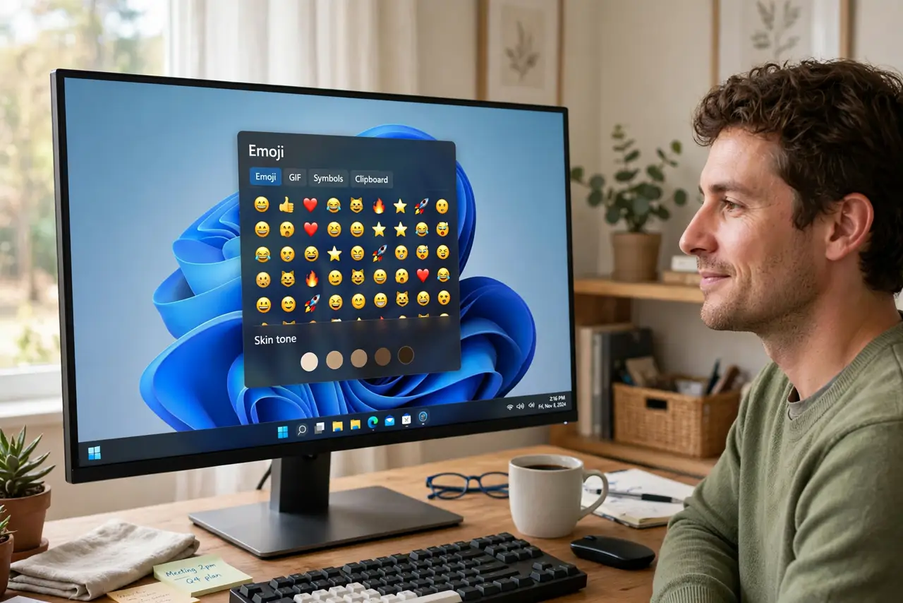 A person at a real Windows 11 PC, the monitor showing the emoji panel open with skin tone options clearly legible, the person's face relaxed, home office.