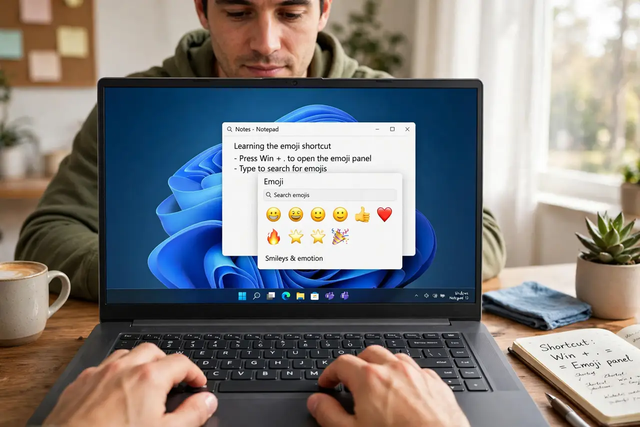 Photoreal photo of a person performing the first step: Learn the shortcut. Press the Windows key and the period key together — Win + . — anywhere y...