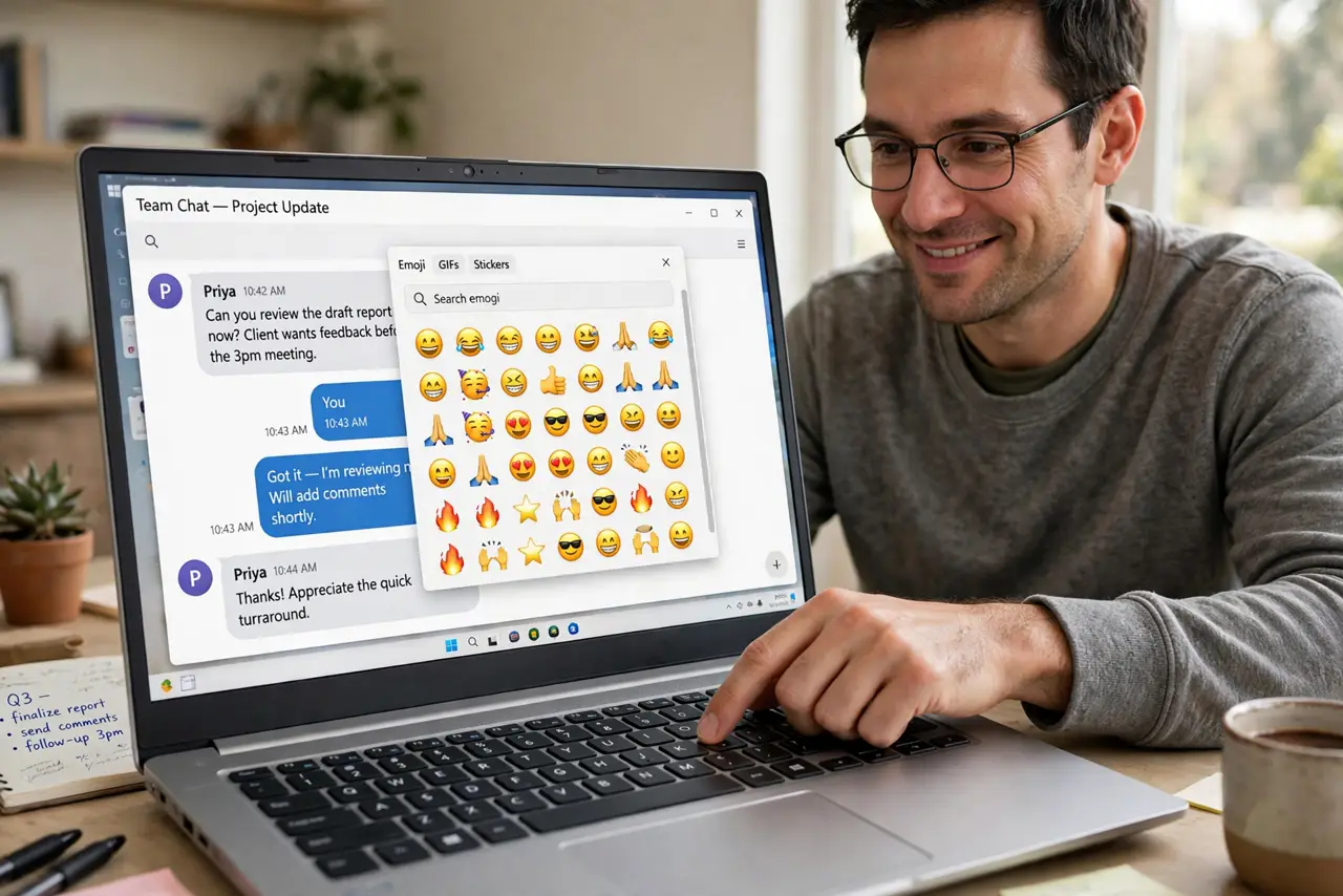 Photoreal photo: a person at a real Windows PC with the legible emoji picker panel open over a chat window, the person's finger on the keyboard shortcut, face amused, home office. No black screen, no blank white sc...