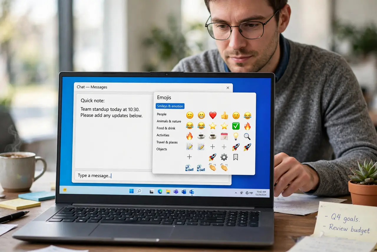 A person calmly performing the guide's first step: Open the emoji panel.