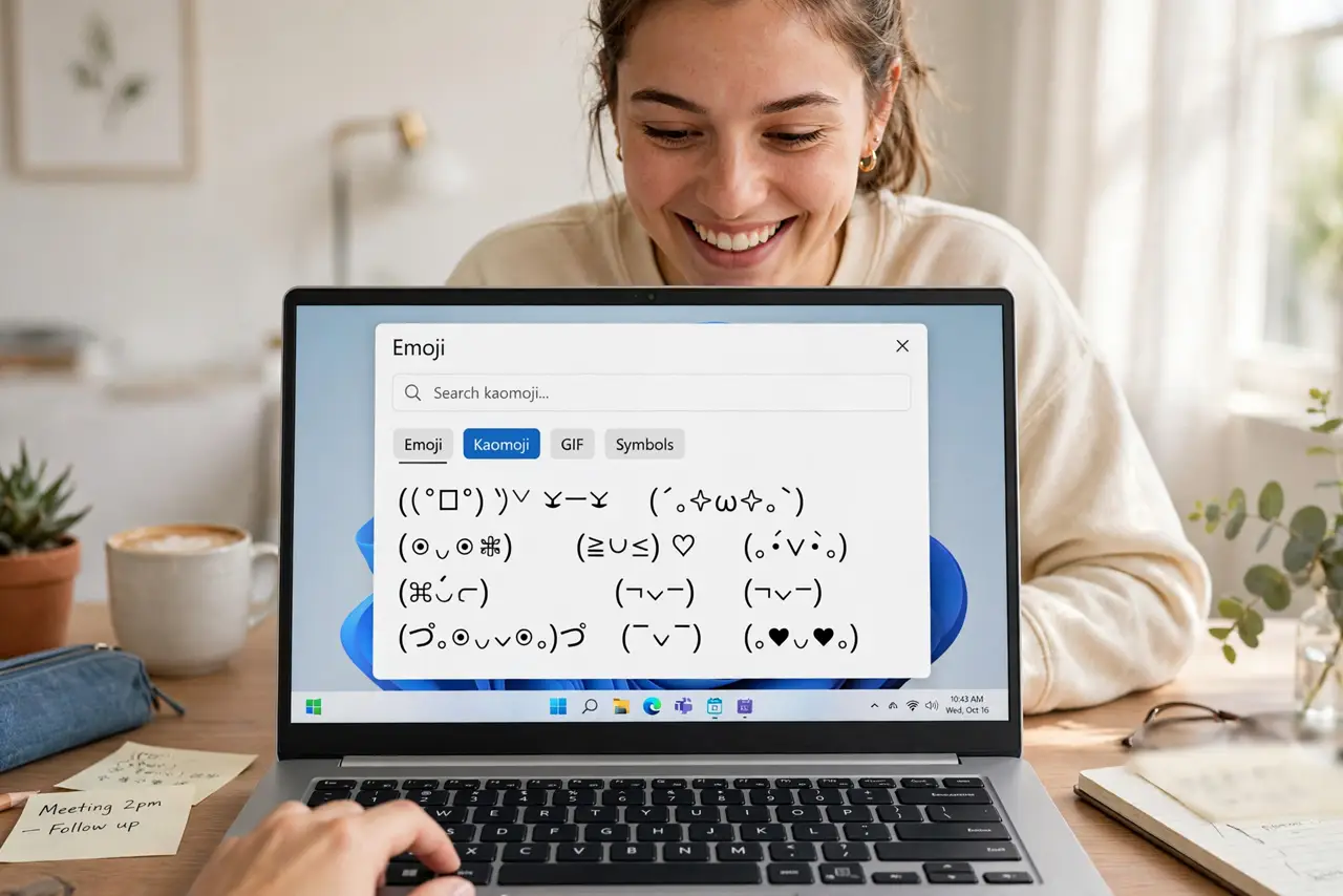 a person pressing Windows+period on a real Windows laptop showing the emoji panel open on the kaomoji tab with expressive faces visible, the person's face amused, bright home offic.