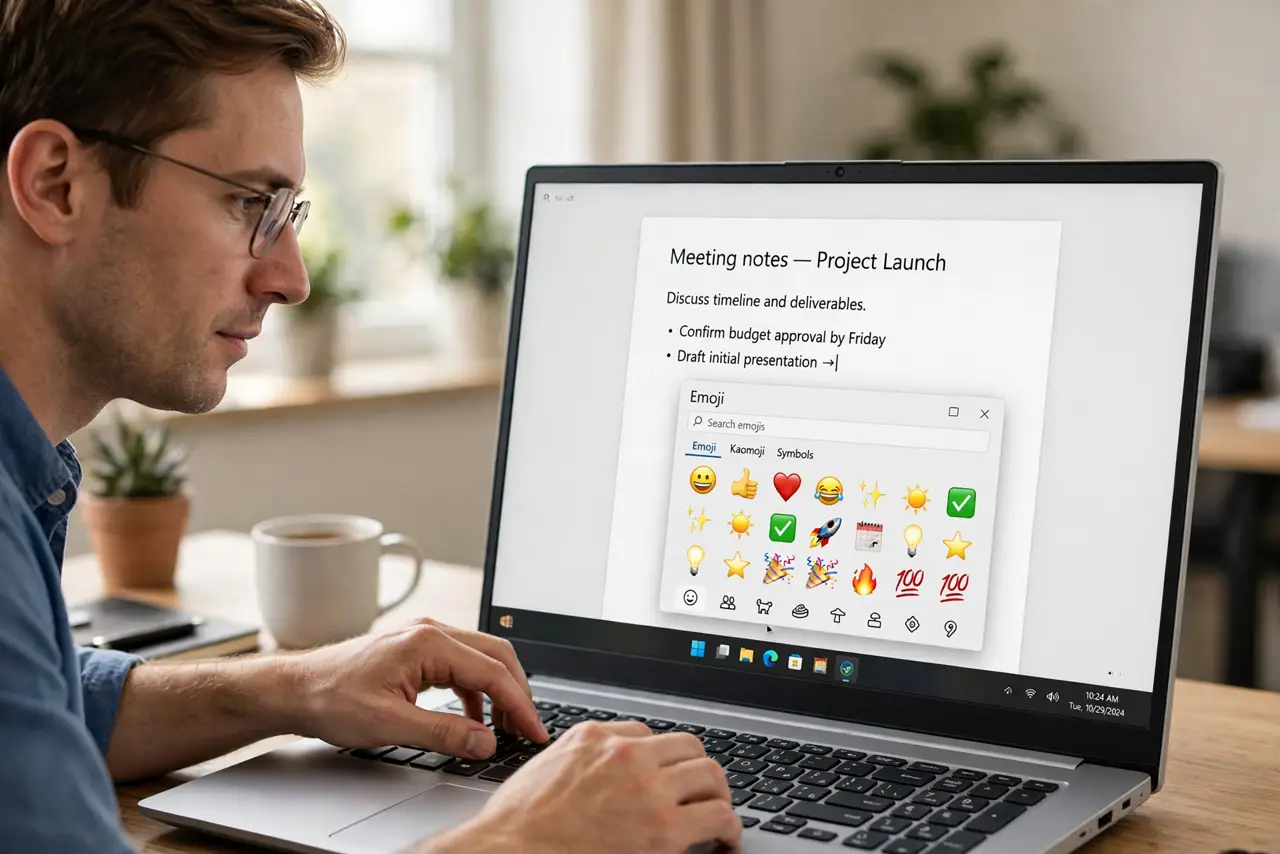 A person performing step 1 of the guide: Click into a real text field first. Click inside a document, chat box, or search field so it has the typing cursor. The emoji panel needs...