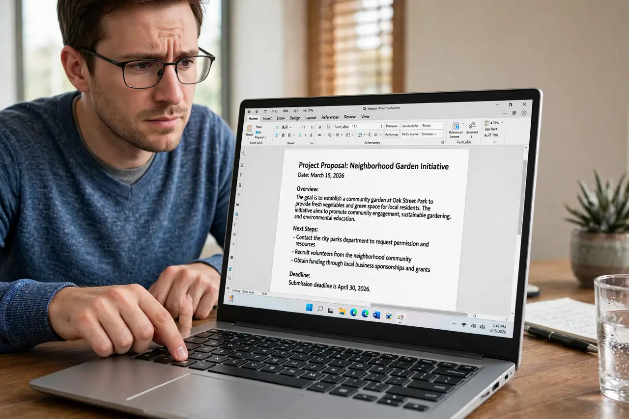 a real person at a desk pressing Win and period on a real keyboard, no emoji panel appearing on the real Windows monitor showing a document with fully legible text, the person looking puzzled.