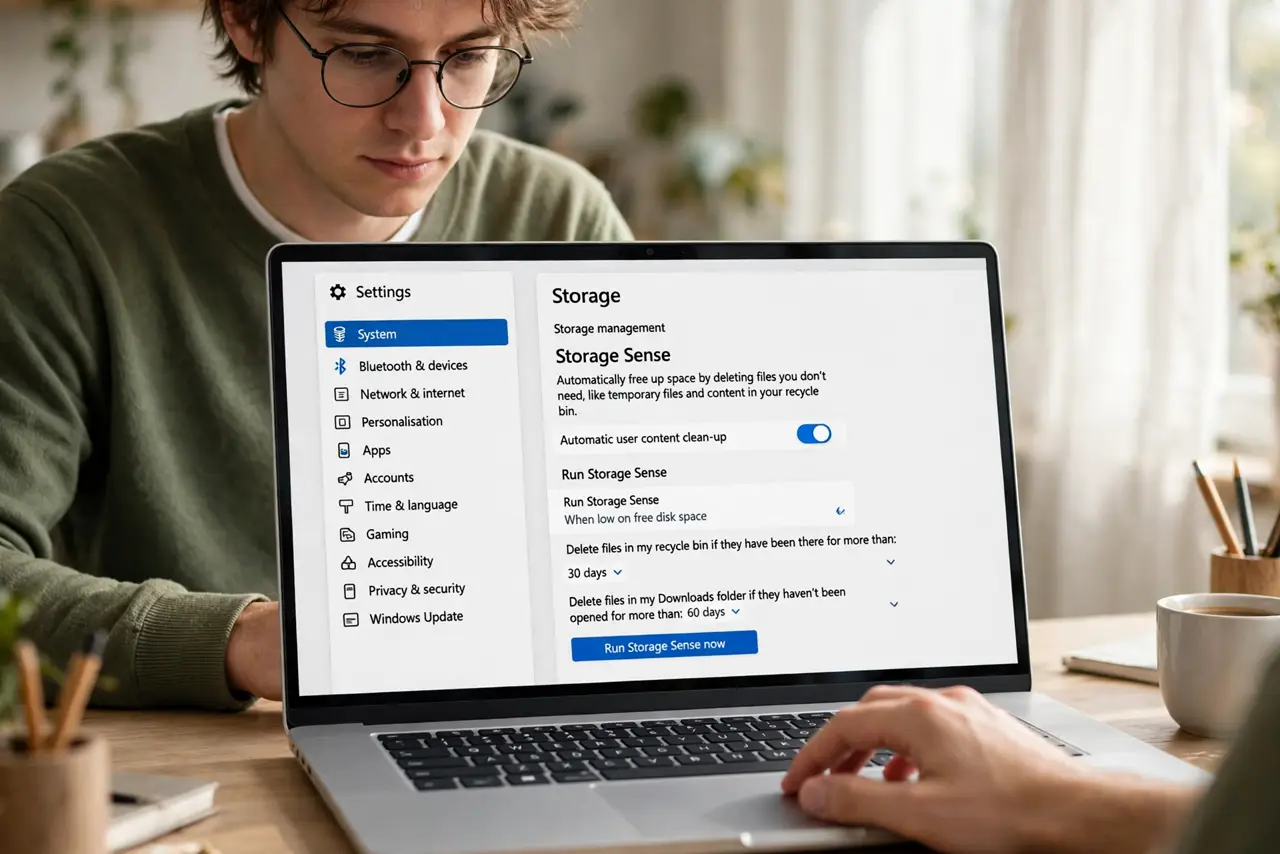 A person carrying out step one: open storage sense settings.