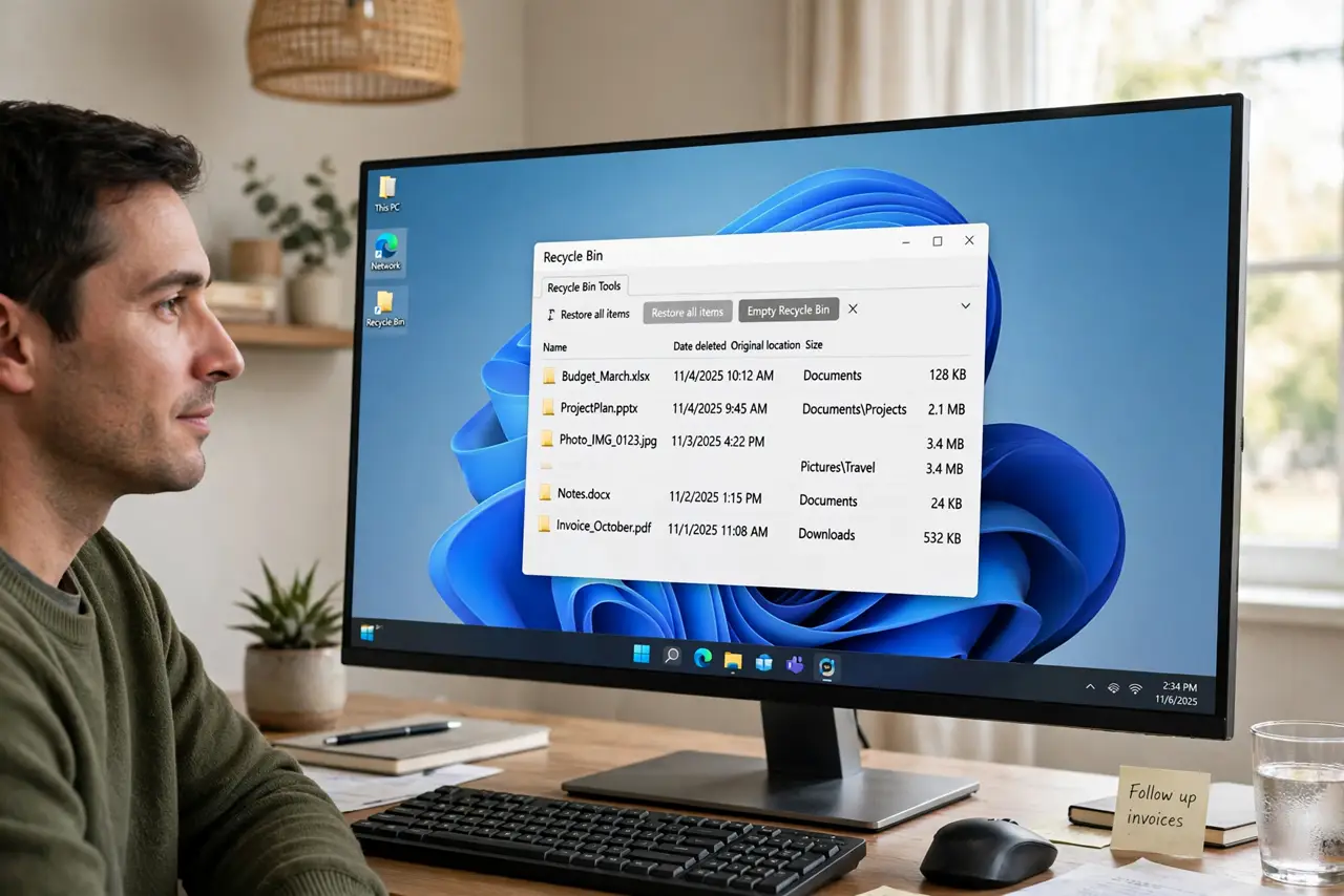A person looking at a real Windows desktop with the Recycle Bin open showing deleted files, the person's face calm, home office with monitor showing the screen…