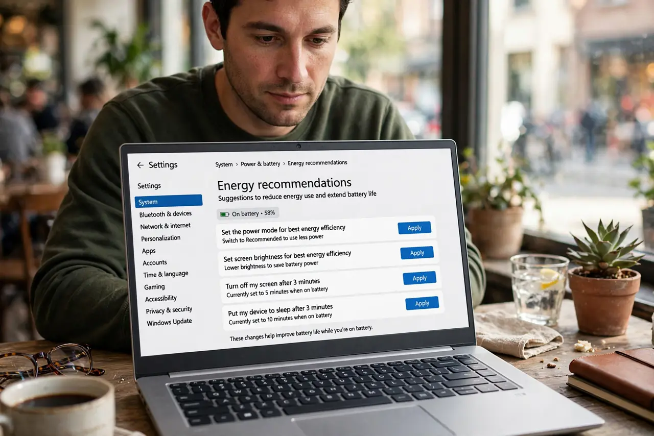 a person using a real Windows laptop on battery at a cafe table, the Energy recommendations settings page open and legible on screen, the person's face focused, daytime.