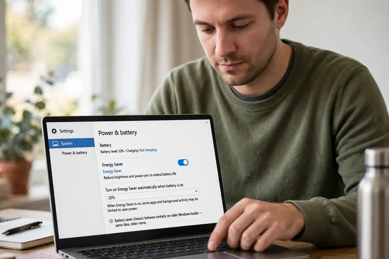 A person performing the first step of the guide: Turn on Energy Saver.