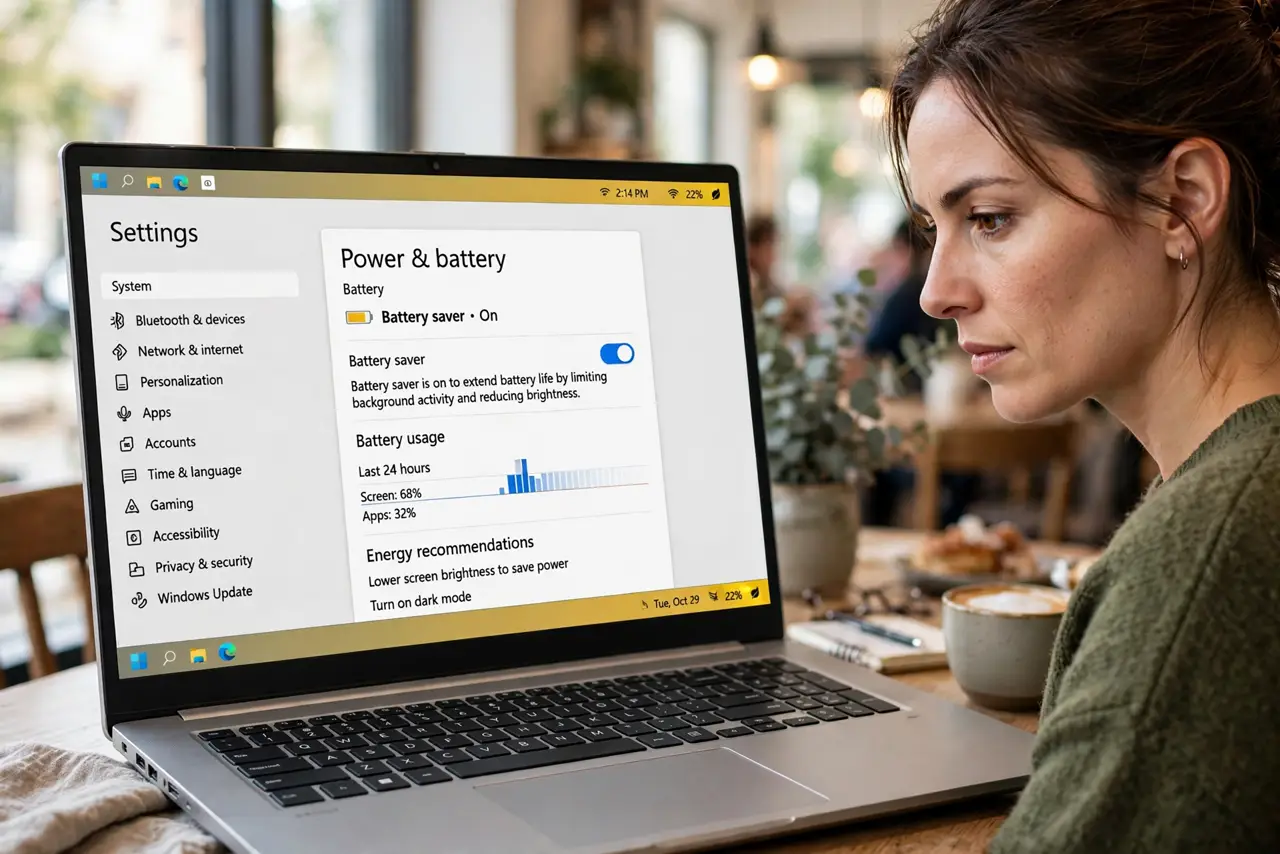 a person working at a real Windows laptop in a cafe, the battery icon showing legible saver settings, no charger in sight, the person's face focused, daylight.