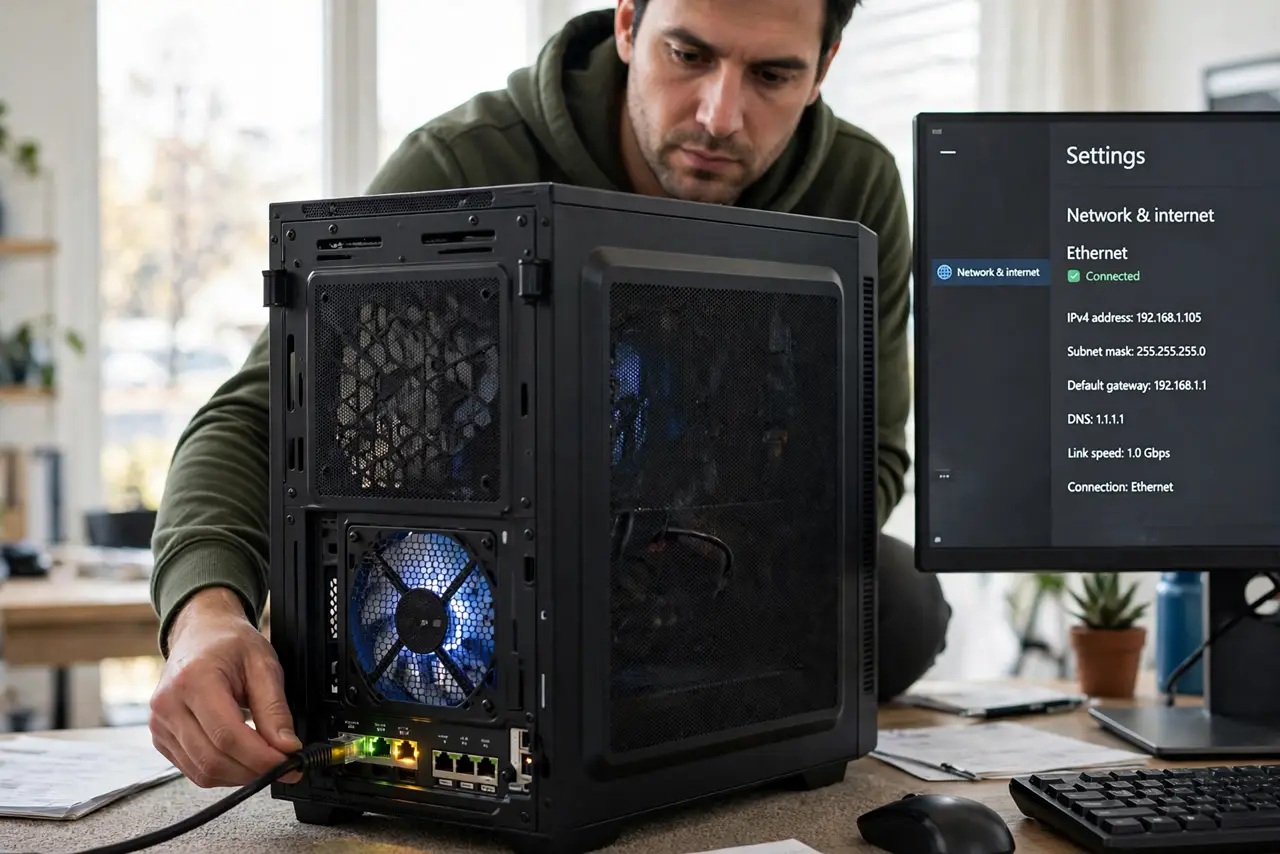 A person crouching behind a real desktop PC plugging an ethernet cable into the network port, the port lights visible,