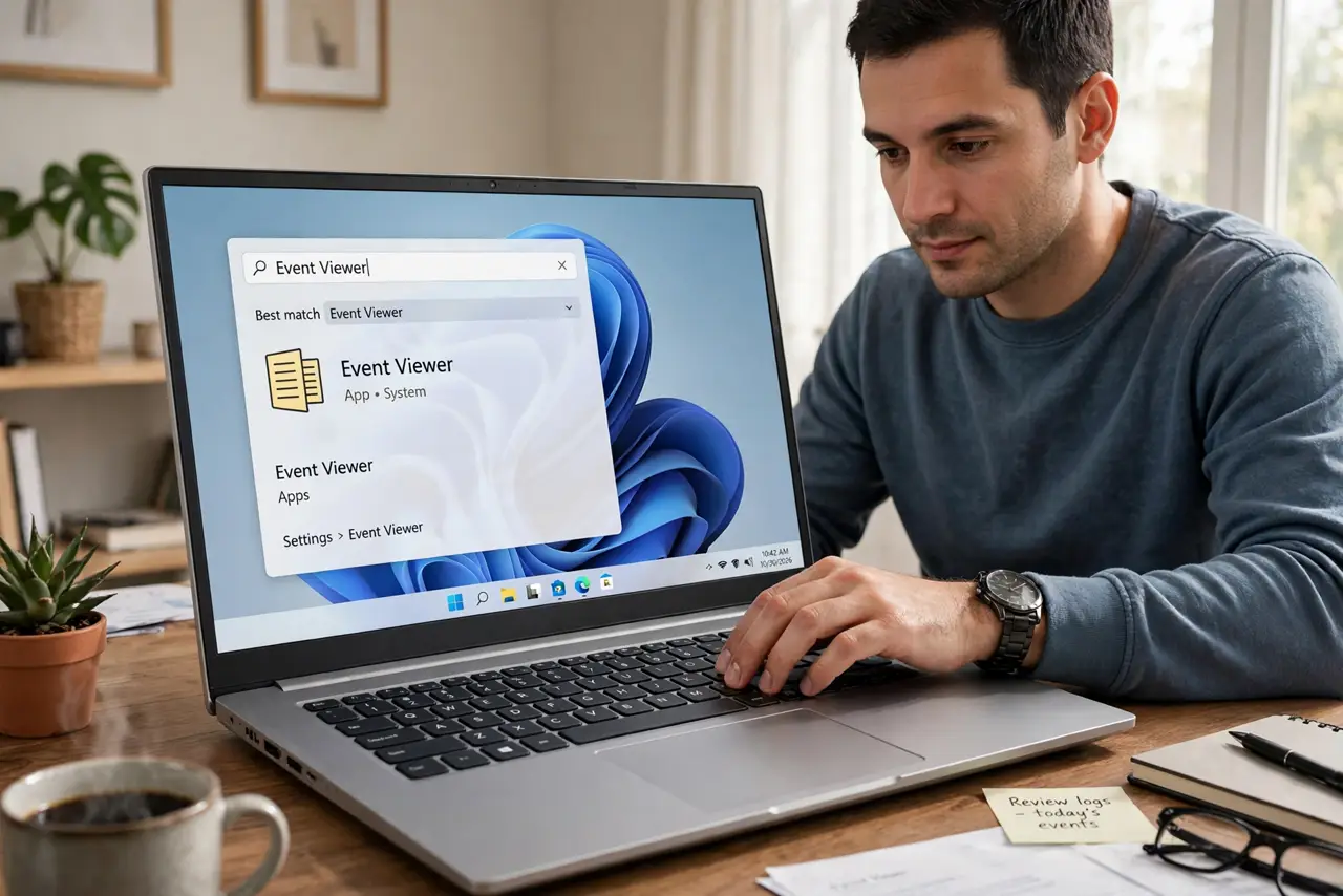 Photoreal photo of a person performing the first step: Open Event Viewer. Press the Windows key, type Event Viewer, and open it. Ignore the overwhe...